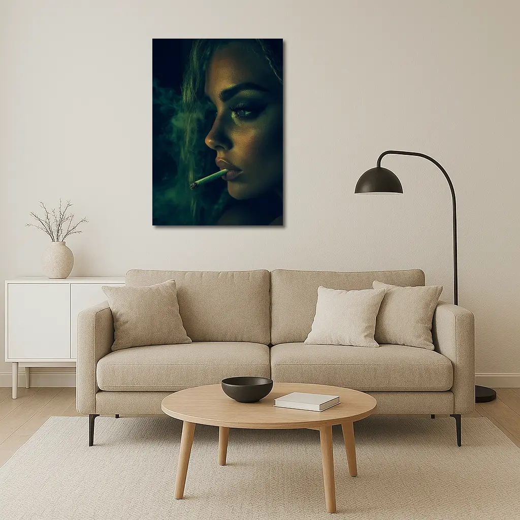 Woman Smoking Joint Green Smoke Dark – Wall Art