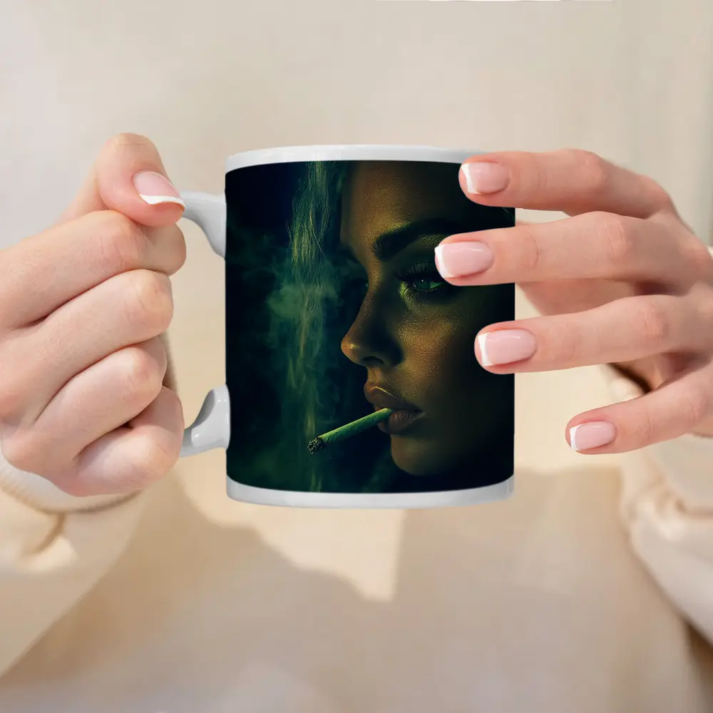 Woman Smoking Joint Green Smoke Dark – Mugs