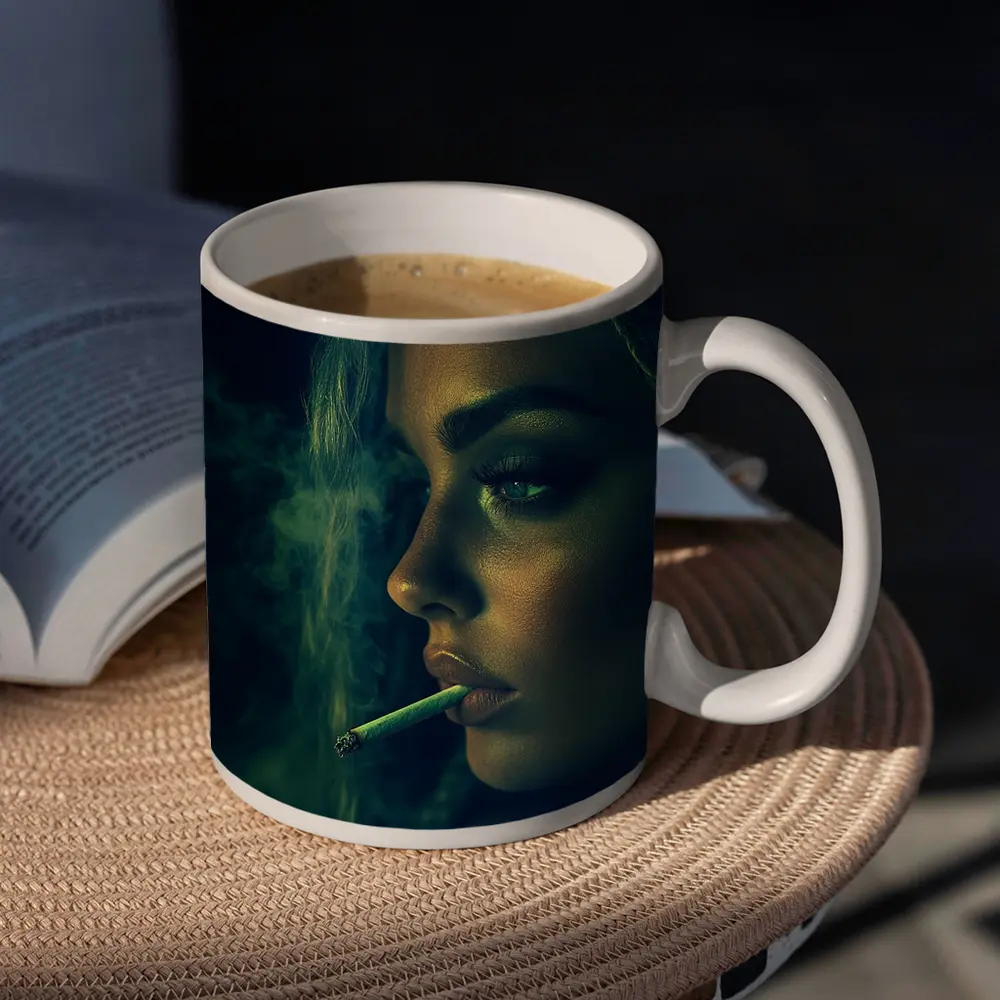 Woman Smoking Joint Green Smoke Dark – Mugs
