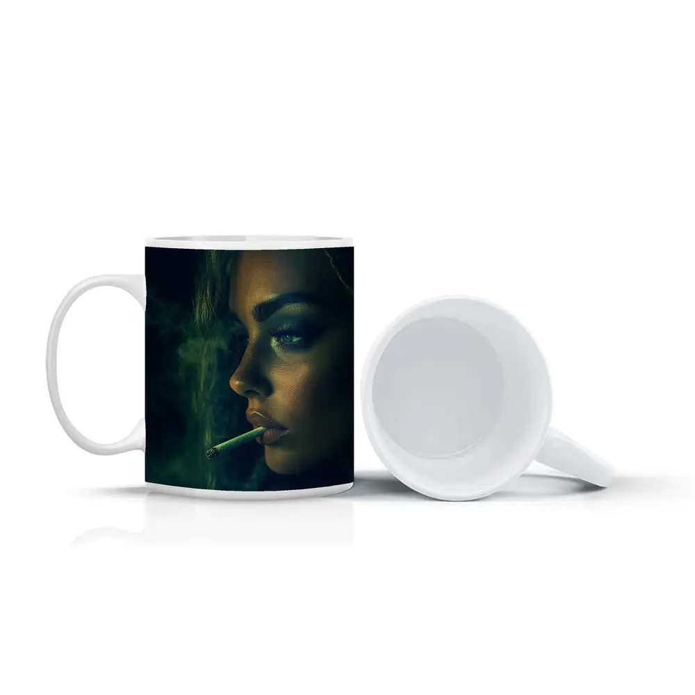 Woman Smoking Joint Green Smoke Dark – Mugs