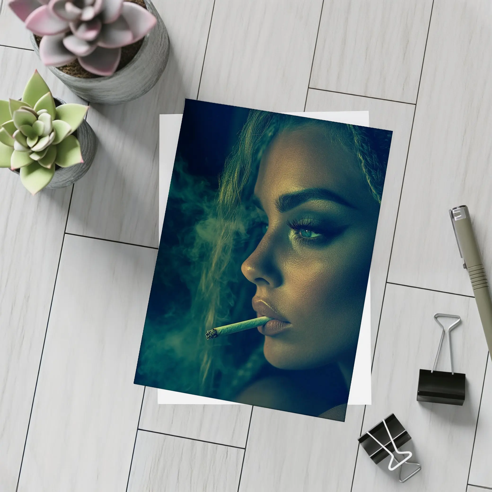 Woman Smoking Joint Green Smoke Dark – Postcards