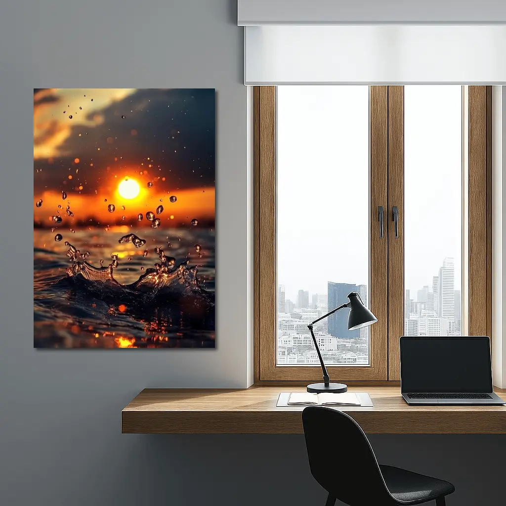 Water Splash at Golden Sunset Ocean – Wall Art