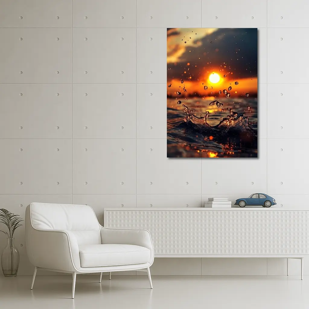 Water Splash at Golden Sunset Ocean – Wall Art