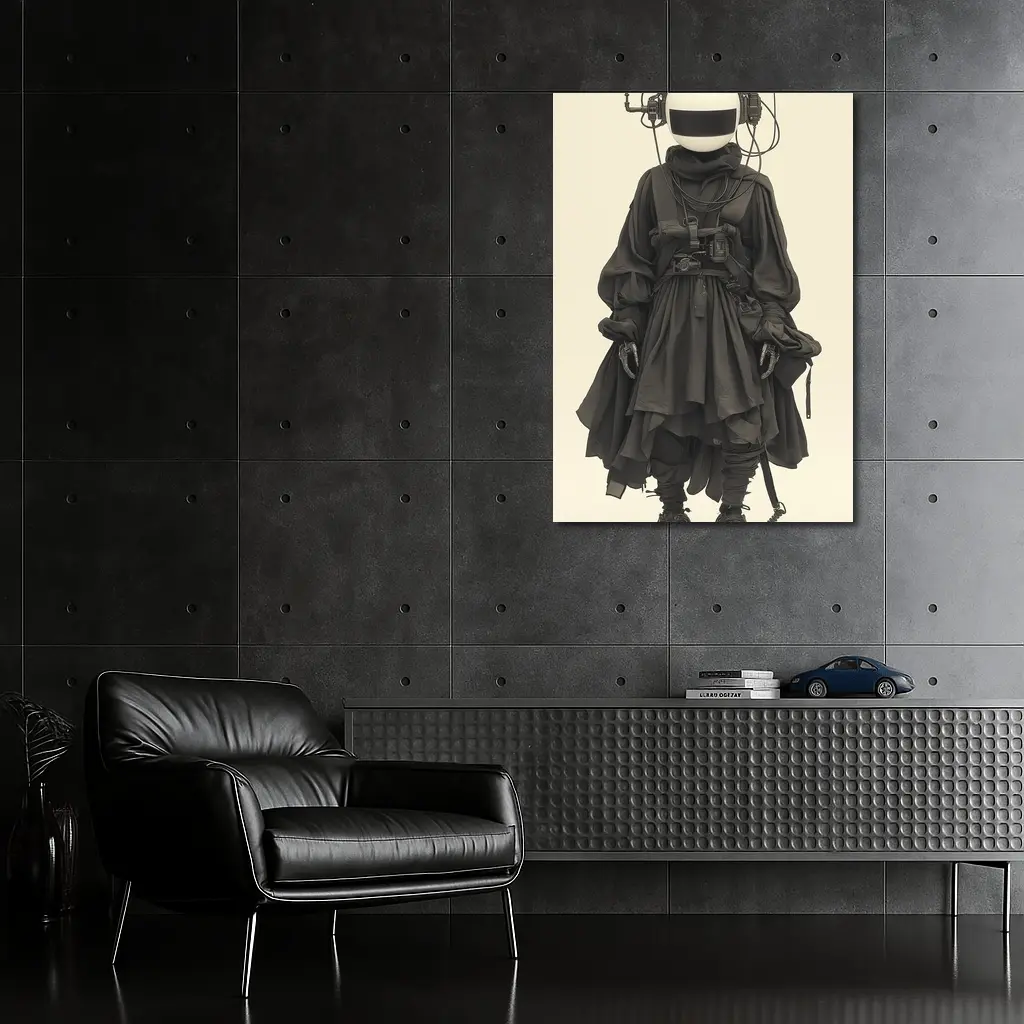 Cyberpunk Figure Dark Tactical Outfit Beige Background – Wall Art