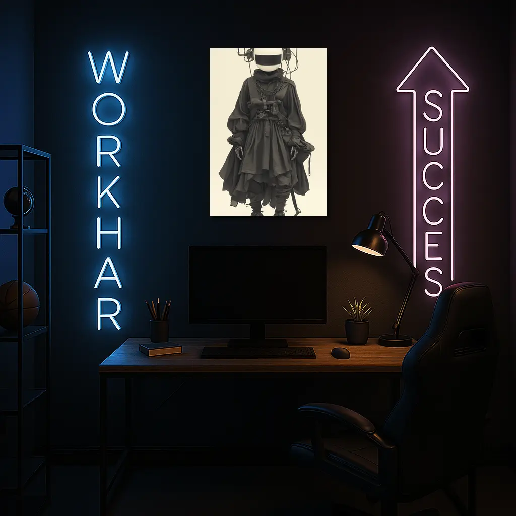 Cyberpunk Figure Dark Tactical Outfit Beige Background – Wall Art