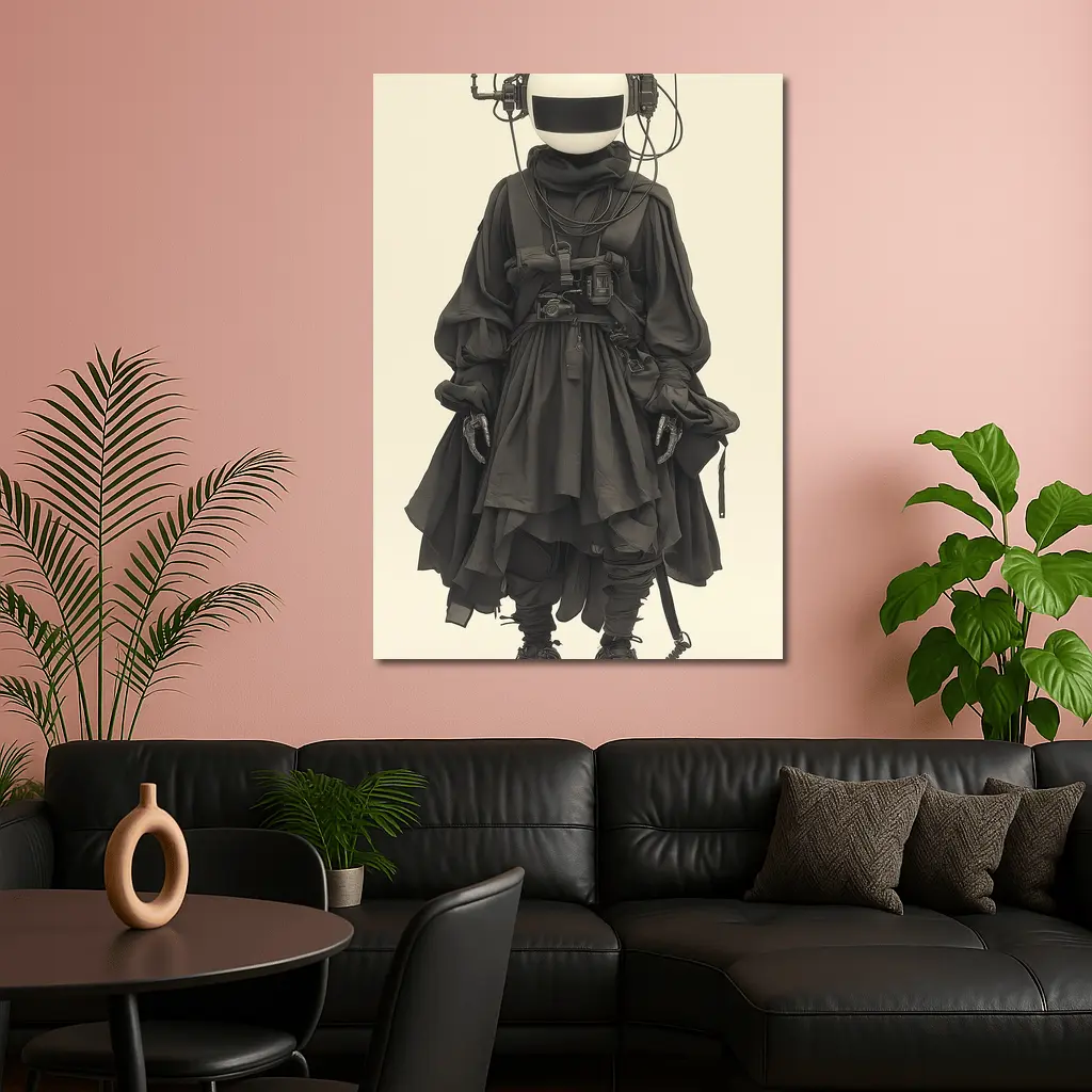 Cyberpunk Figure Dark Tactical Outfit Beige Background – Wall Art