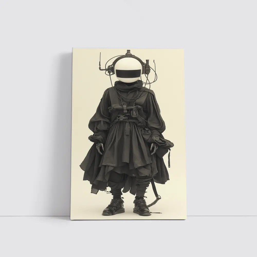 Cyberpunk Figure Dark Tactical Outfit Beige Background – Wall Art