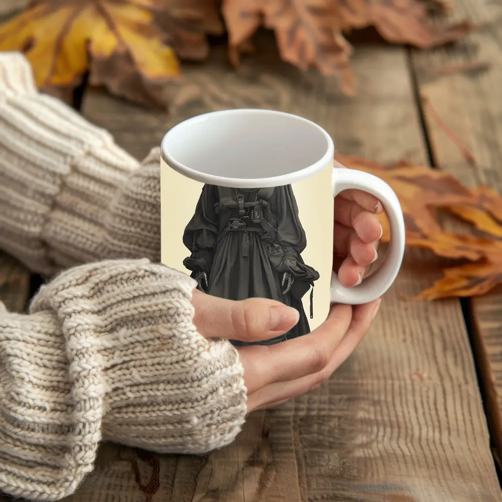Cyberpunk Figure Dark Tactical Outfit Beige Background – Mugs