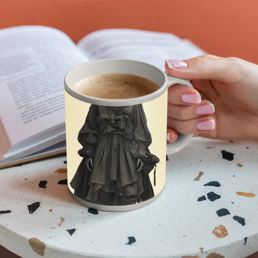 Cyberpunk Figure Dark Tactical Outfit Beige Background – Mugs