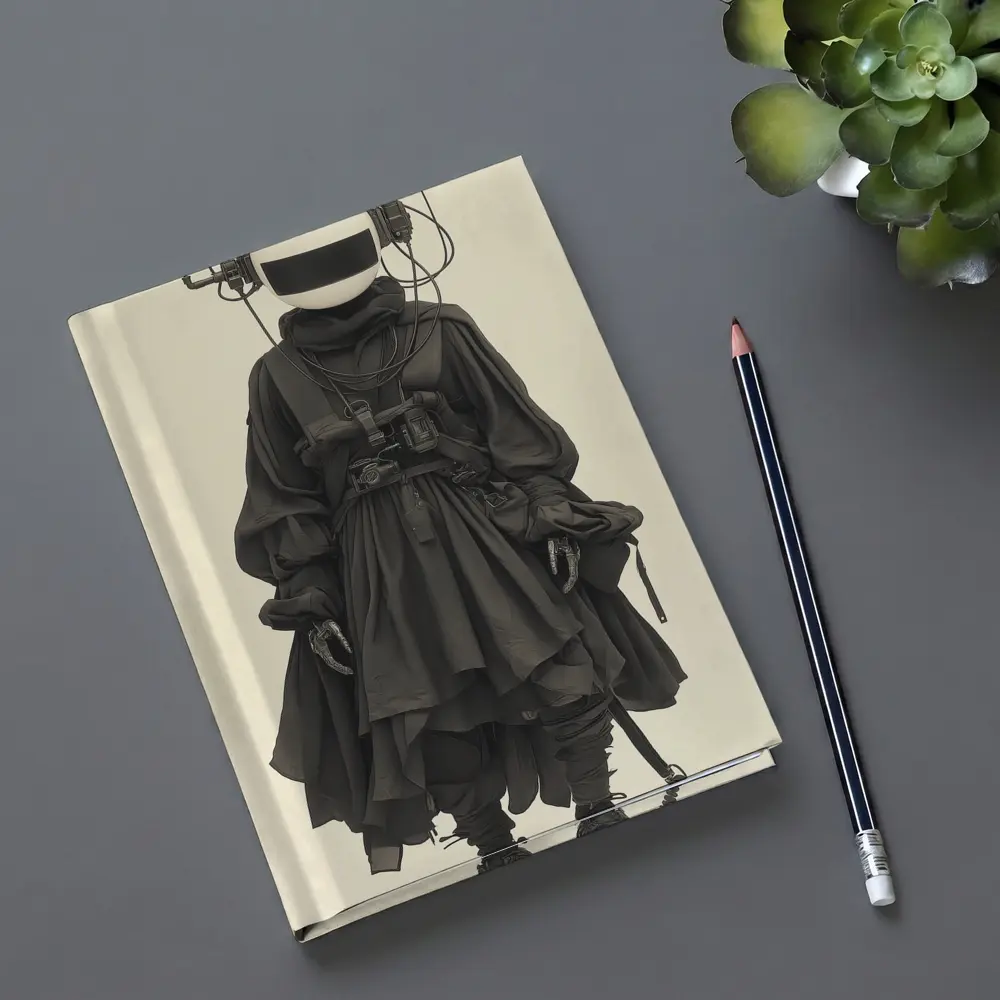 Cyberpunk Figure Dark Tactical Outfit Beige Background – Notebooks