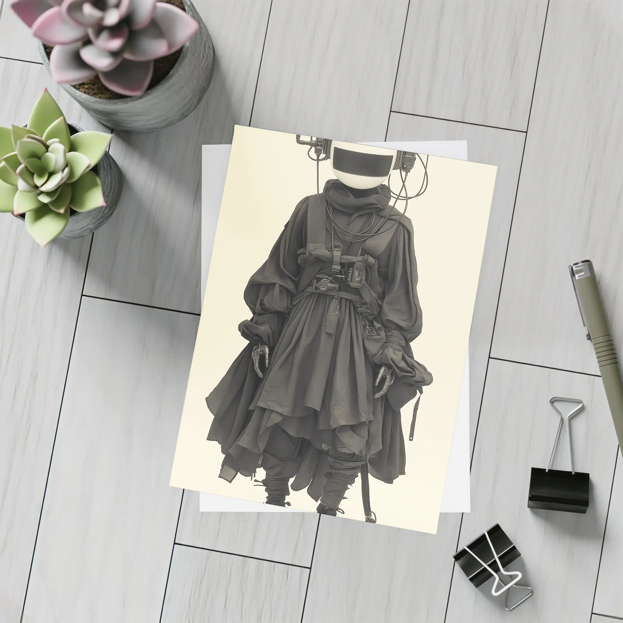 Cyberpunk Figure Dark Tactical Outfit Beige Background – Postcards