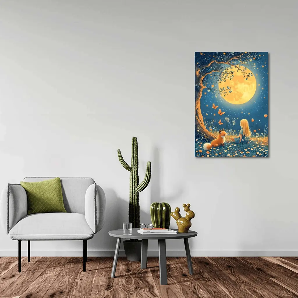 Girl and Fox Under Full Moon Night – Wall Art
