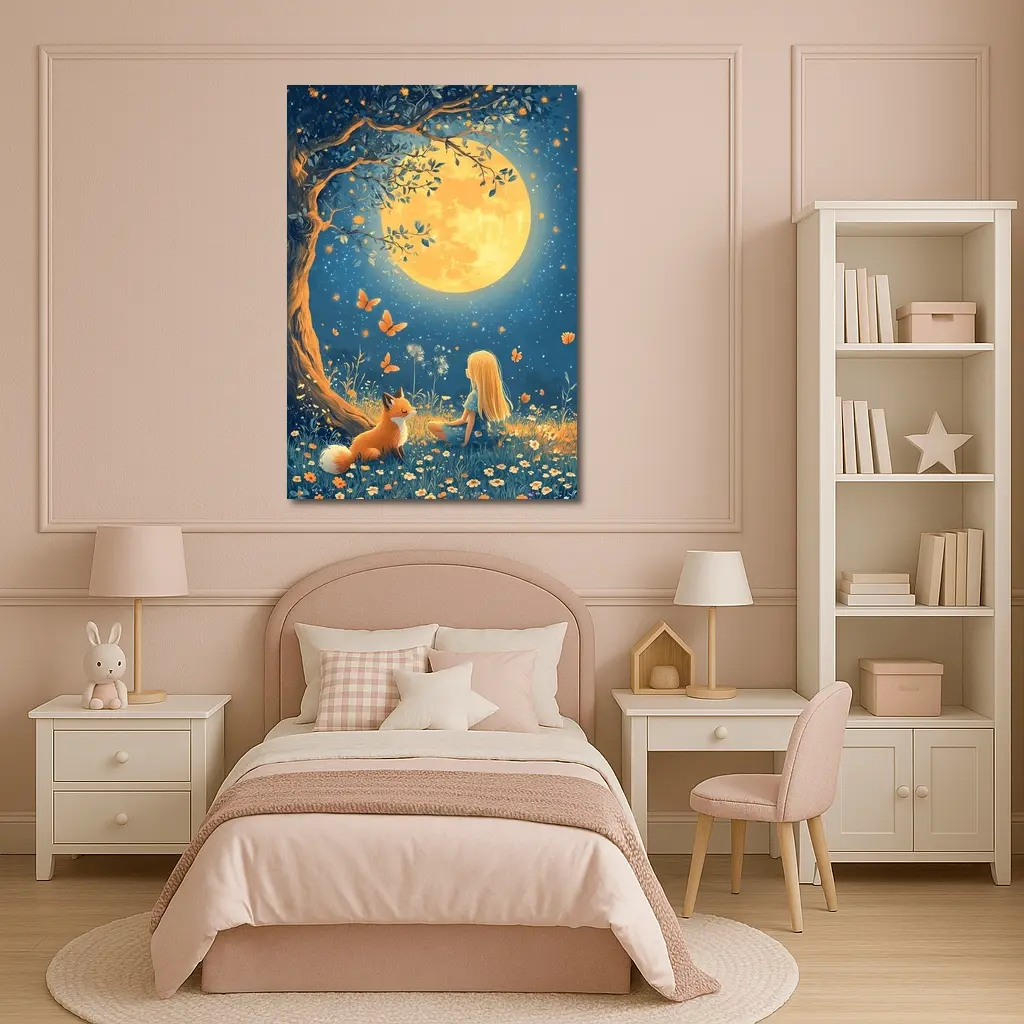 Girl and Fox Under Full Moon Night – Wall Art