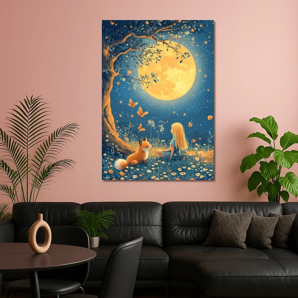 Girl and Fox Under Full Moon Night – Wall Art