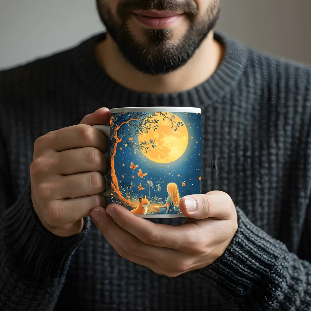 Girl and Fox Under Full Moon Night – Mugs