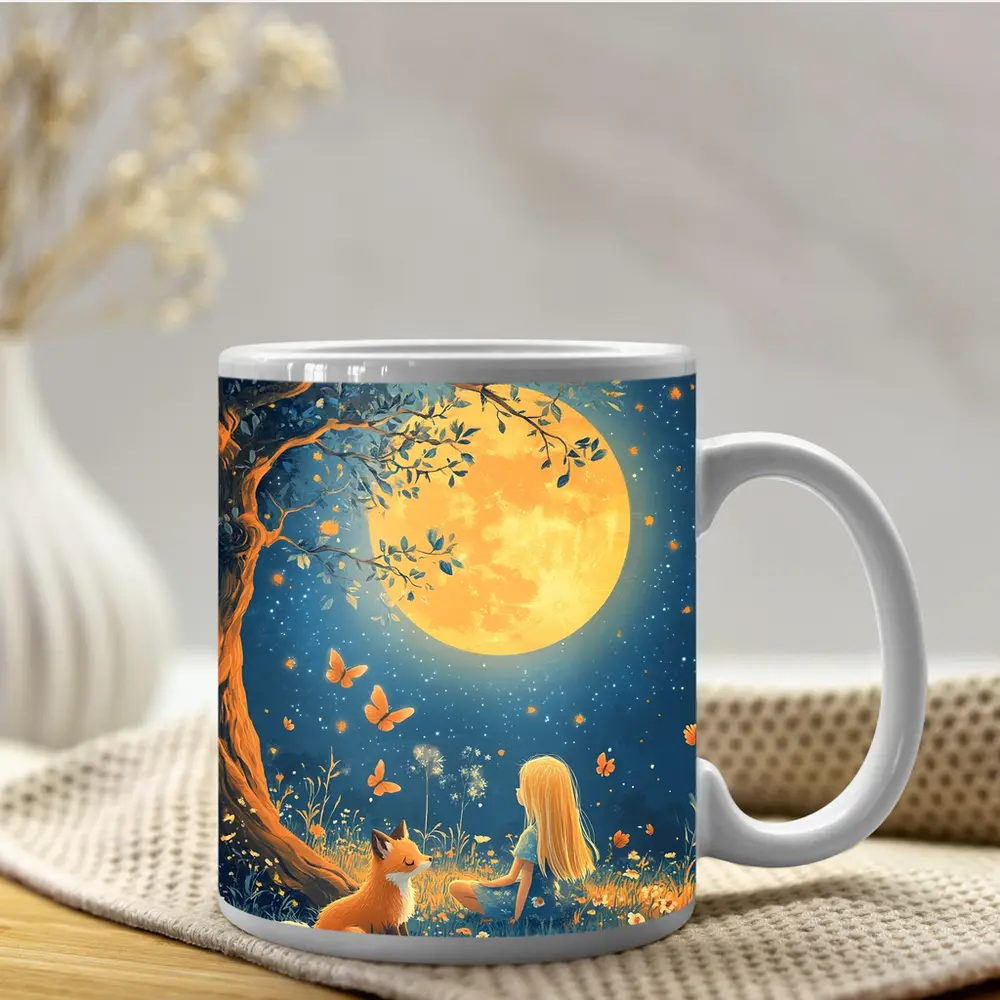 Girl and Fox Under Full Moon Night – Mugs