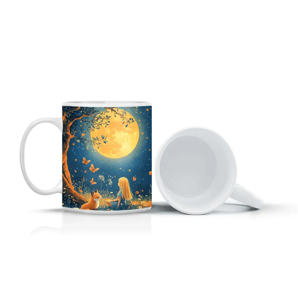 Girl and Fox Under Full Moon Night – Mugs