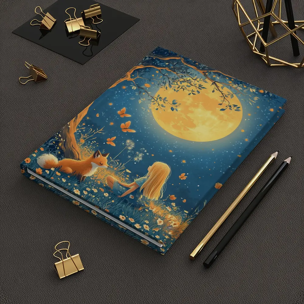 Girl and Fox Under Full Moon Night – Notebooks