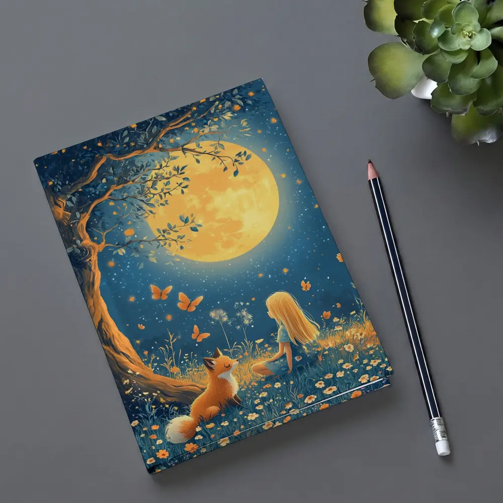 Girl and Fox Under Full Moon Night – Notebooks