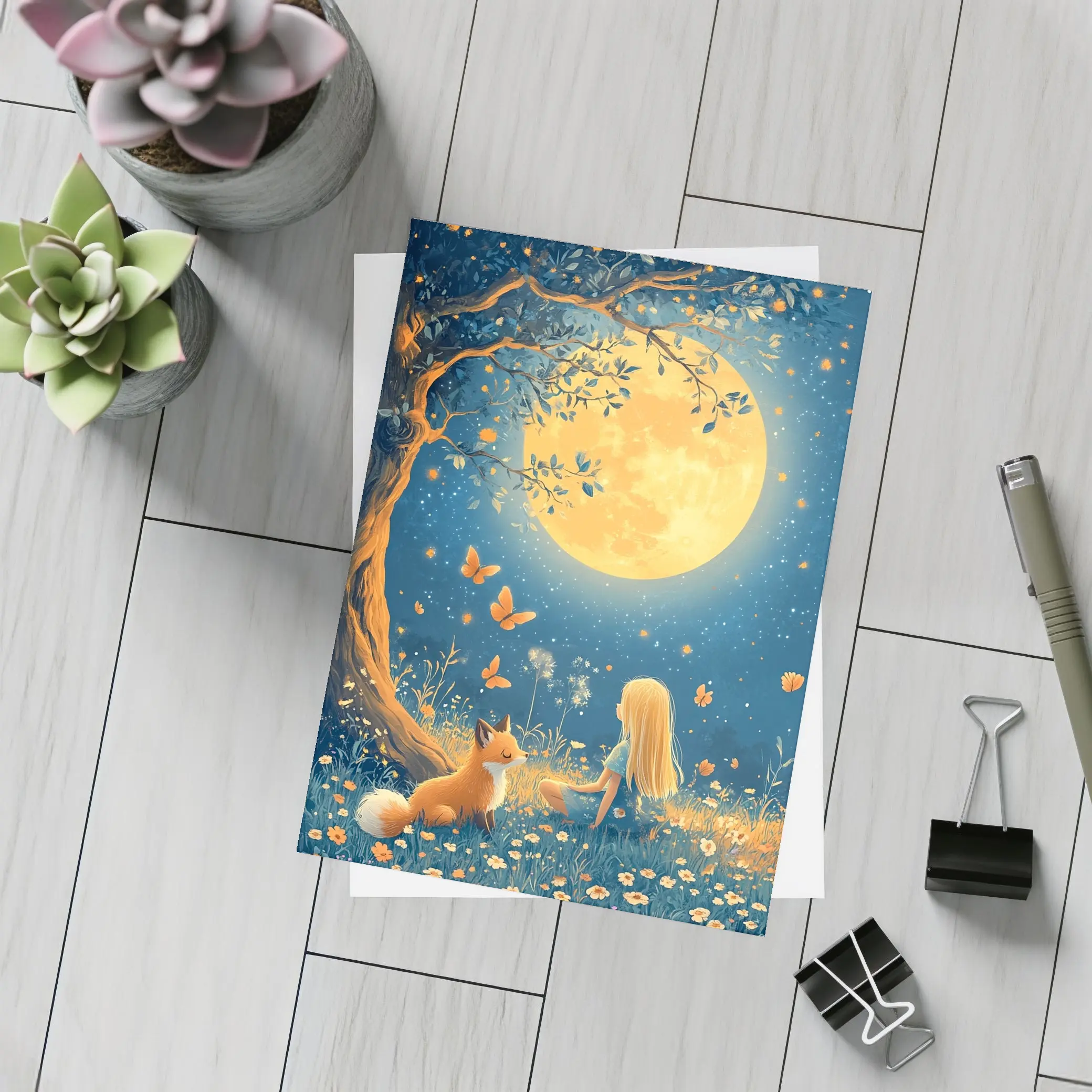 Girl and Fox Under Full Moon Night – Postcards