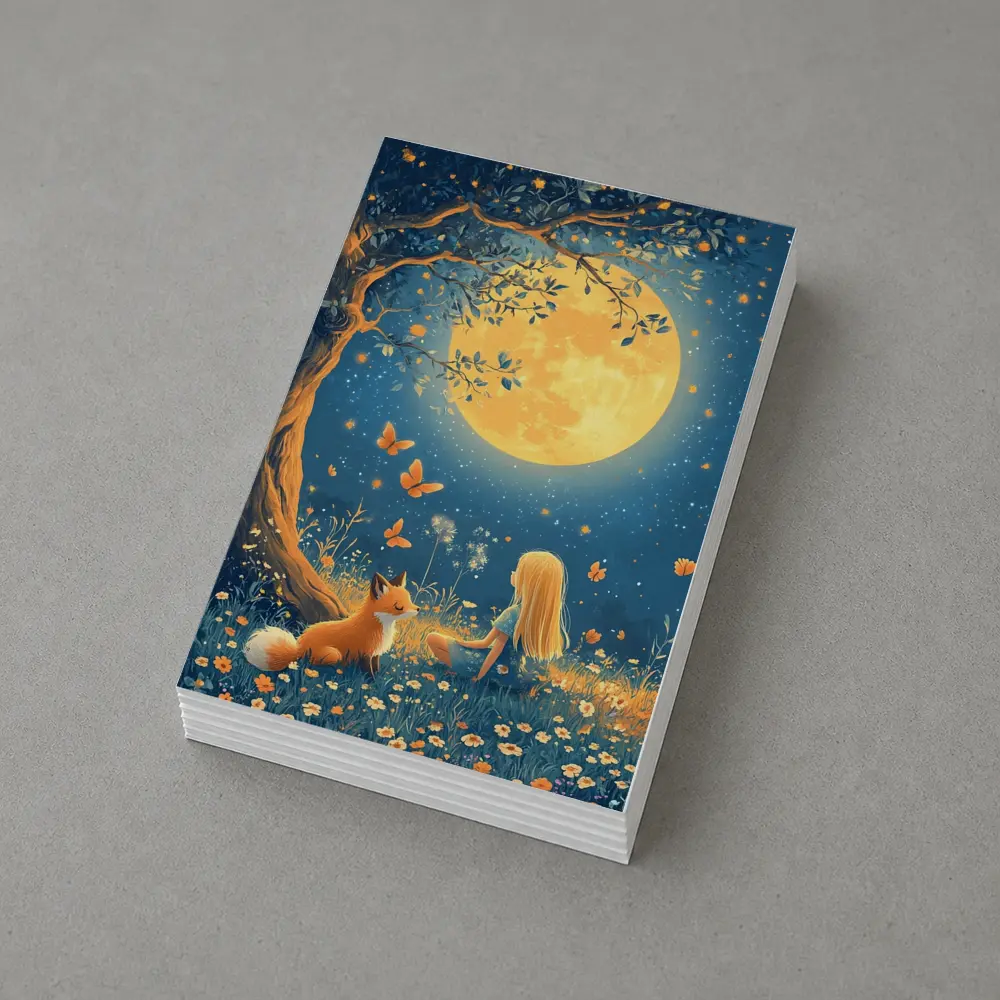 Girl and Fox Under Full Moon Night – Postcards