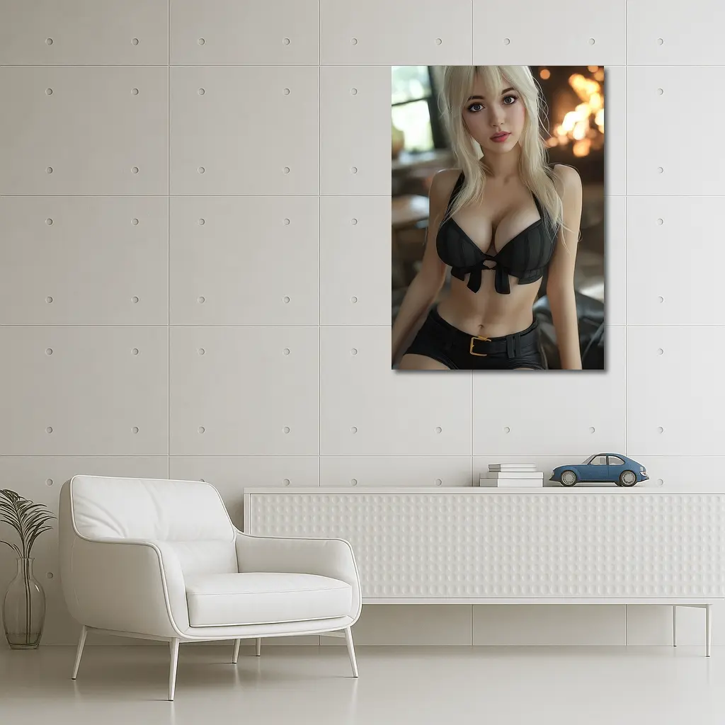 Blonde Anime Girl Black Outfit Fireplace – Wall Art