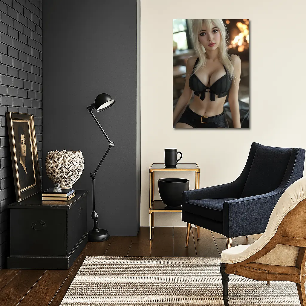 Blonde Anime Girl Black Outfit Fireplace – Wall Art