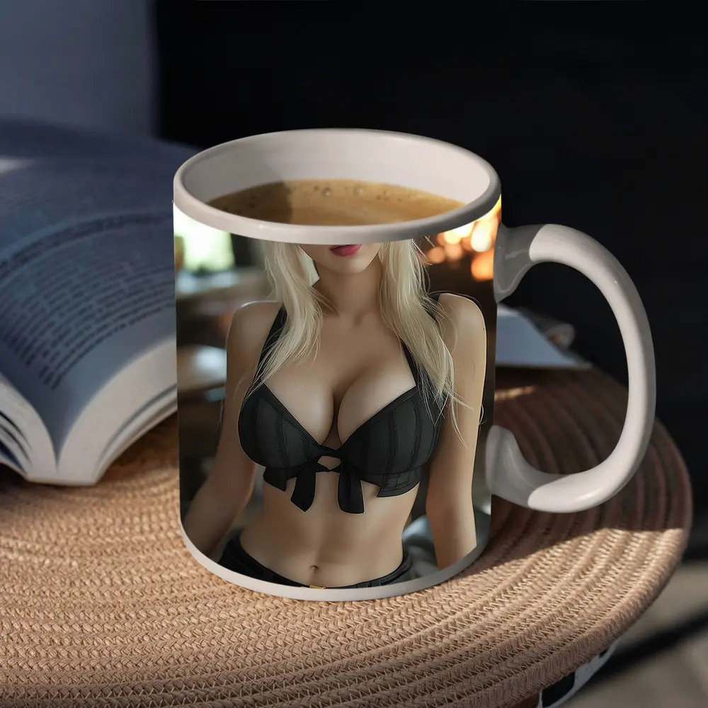 Blonde Anime Girl Black Outfit Fireplace – Mugs