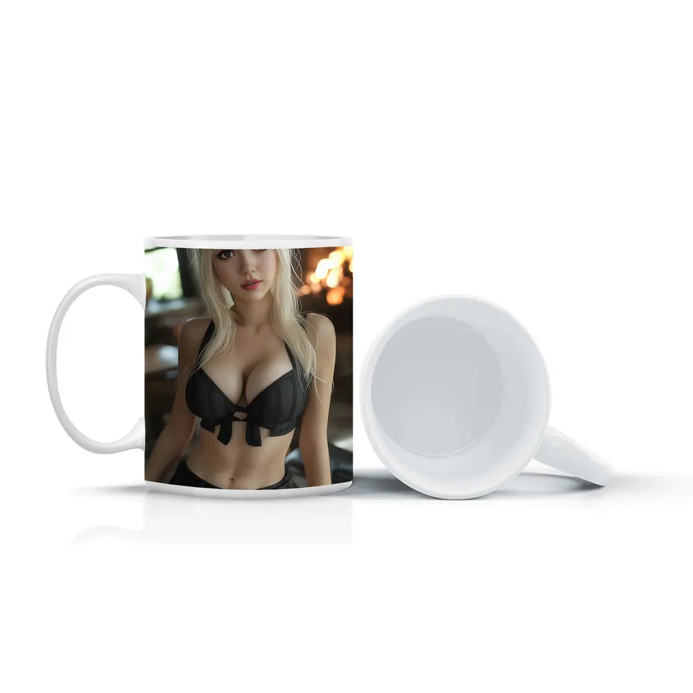 Blonde Anime Girl Black Outfit Fireplace – Mugs
