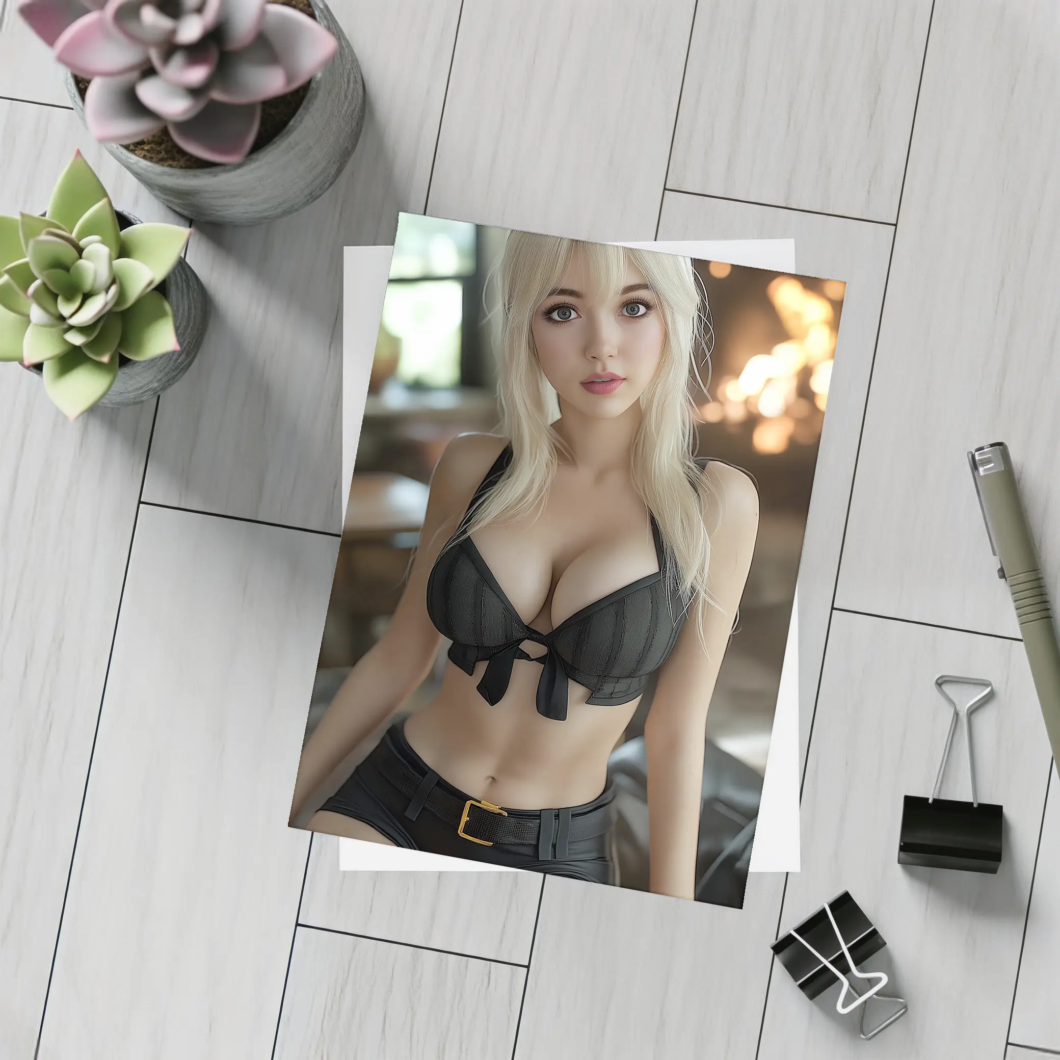 Blonde Anime Girl Black Outfit Fireplace – Postcards