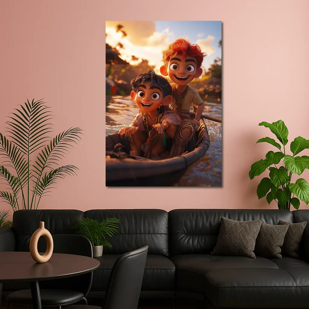 Two Cartoon Boys Riding Boat At Sunset – Wall Art