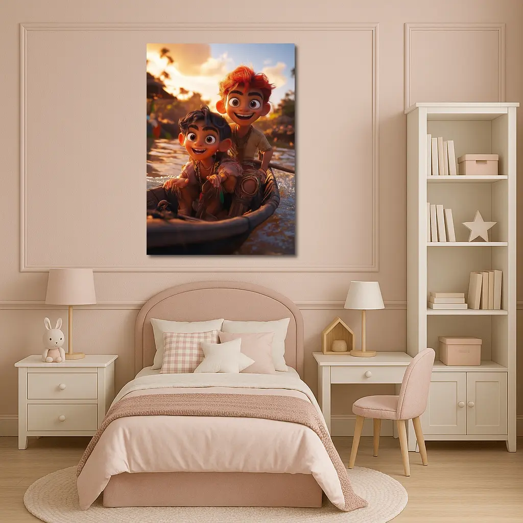 Two Cartoon Boys Riding Boat At Sunset – Wall Art
