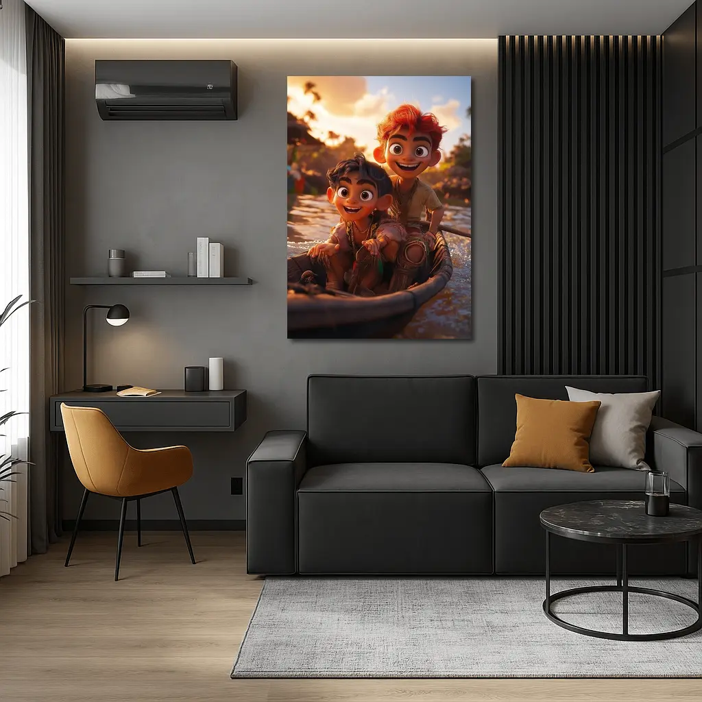 Two Cartoon Boys Riding Boat At Sunset – Wall Art
