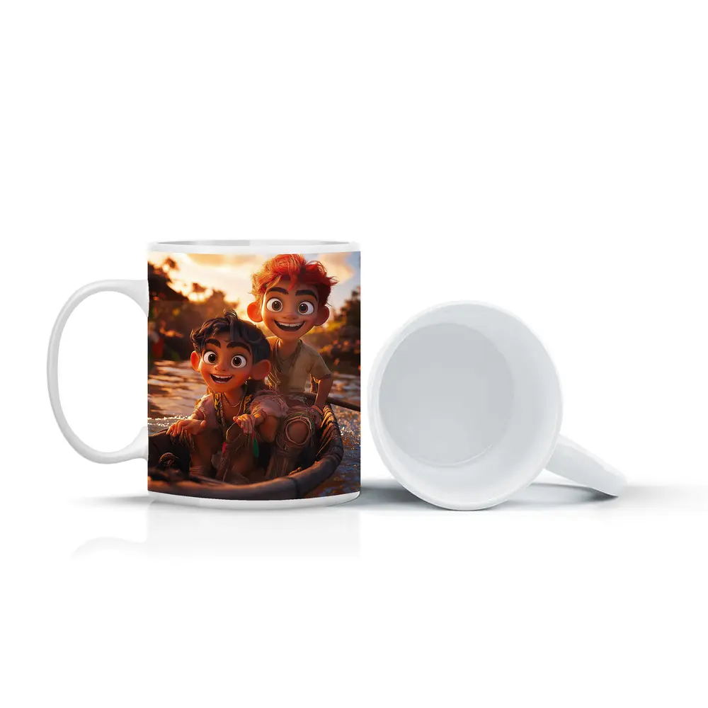 Two Cartoon Boys Riding Boat At Sunset – Mugs
