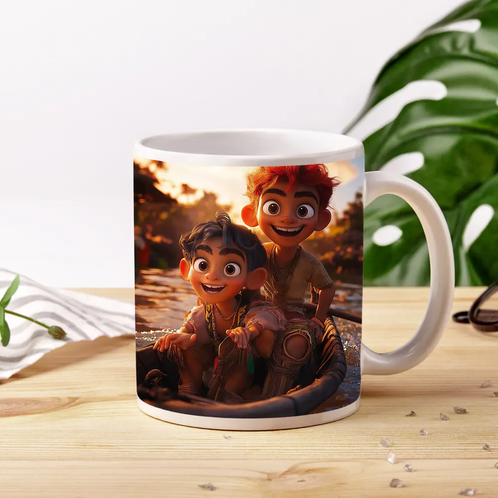 Two Cartoon Boys Riding Boat At Sunset – Mugs