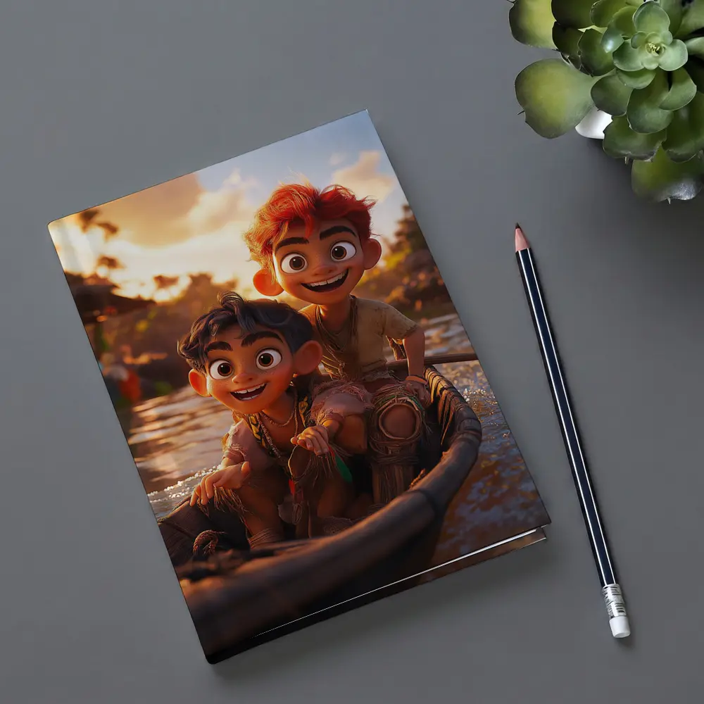 Two Cartoon Boys Riding Boat At Sunset – Notebooks