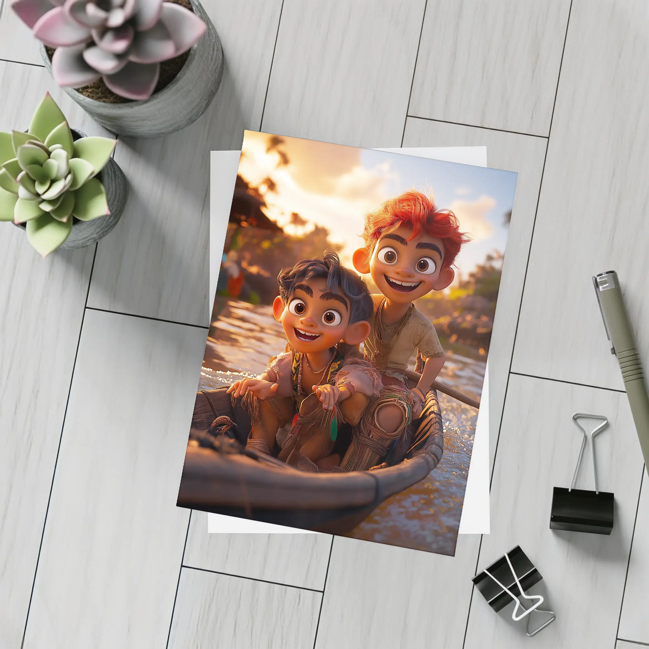 Two Cartoon Boys Riding Boat At Sunset – Postcards