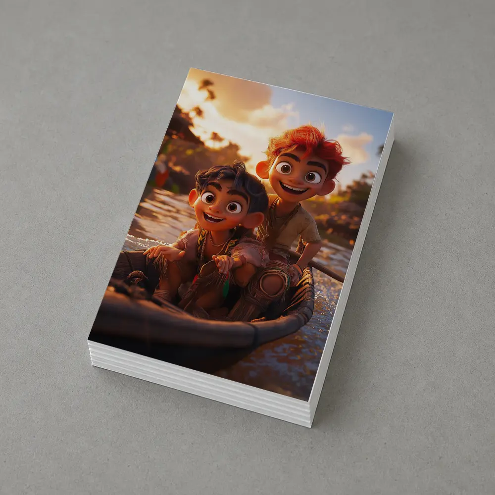 Two Cartoon Boys Riding Boat At Sunset – Postcards