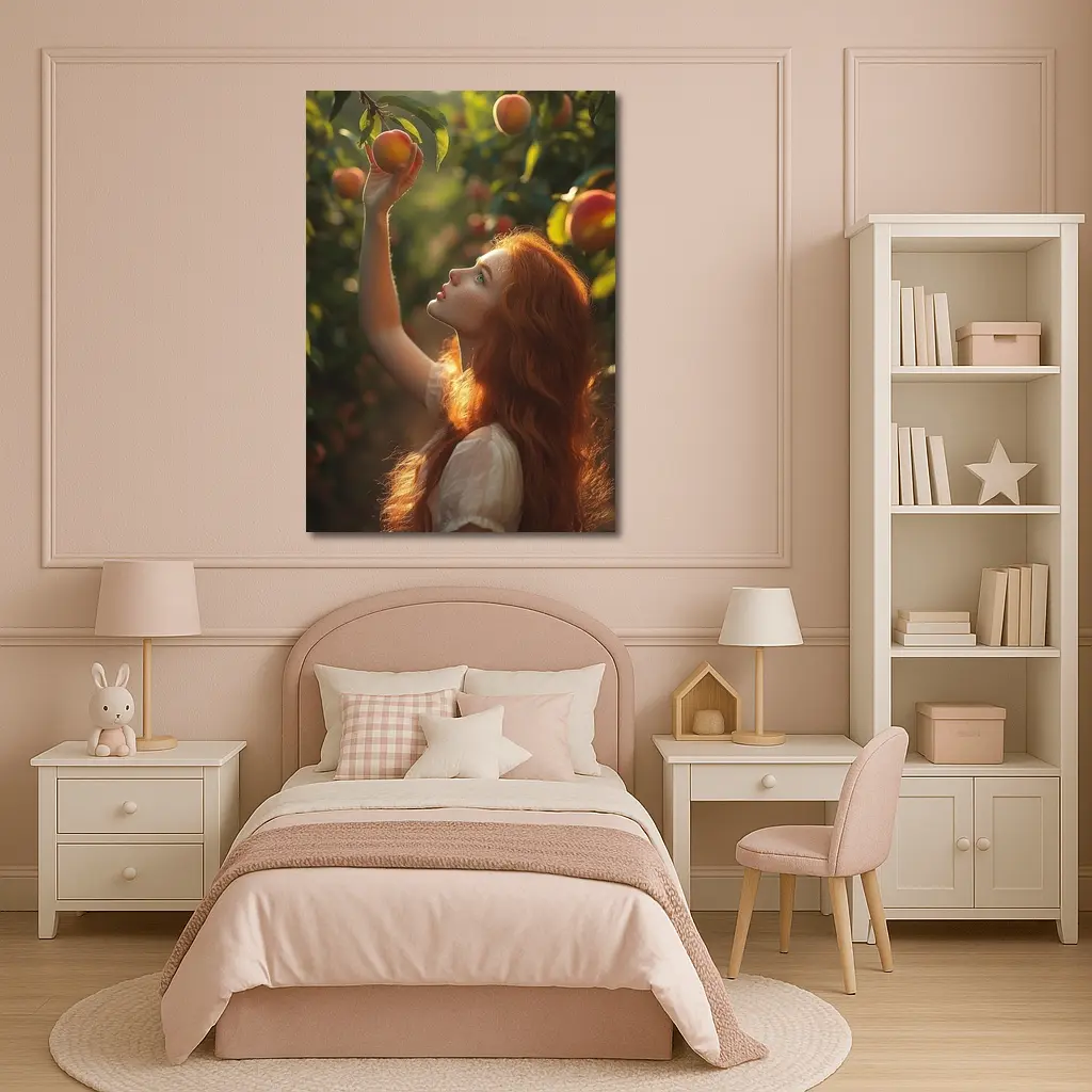 Red Hair Girl Picking Peaches Orchard – Wall Art