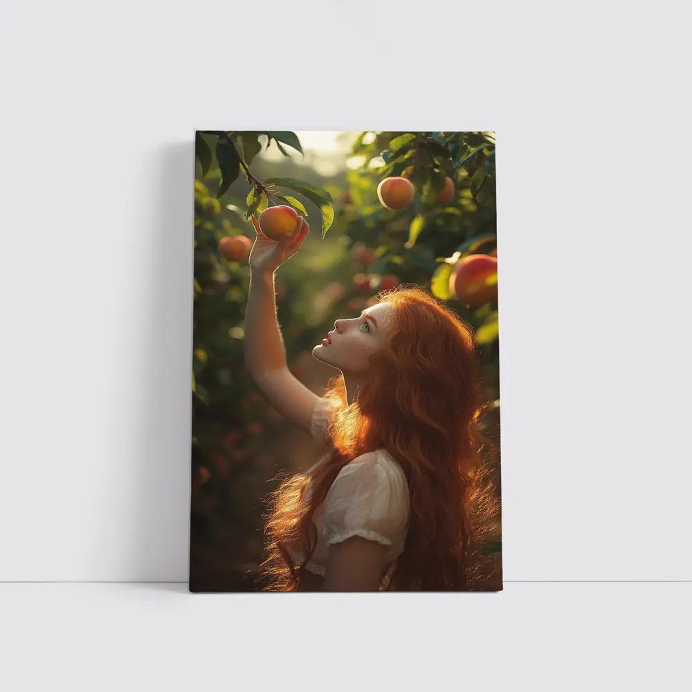 Red Hair Girl Picking Peaches Orchard – Wall Art