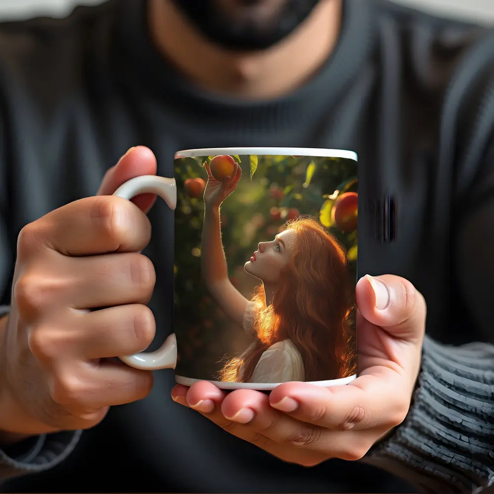Red Hair Girl Picking Peaches Orchard – Mugs