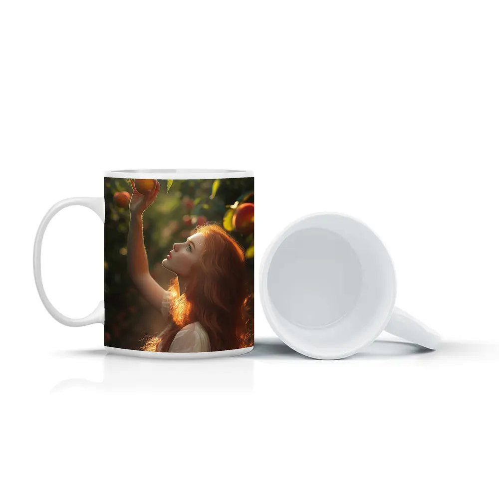 Red Hair Girl Picking Peaches Orchard – Mugs