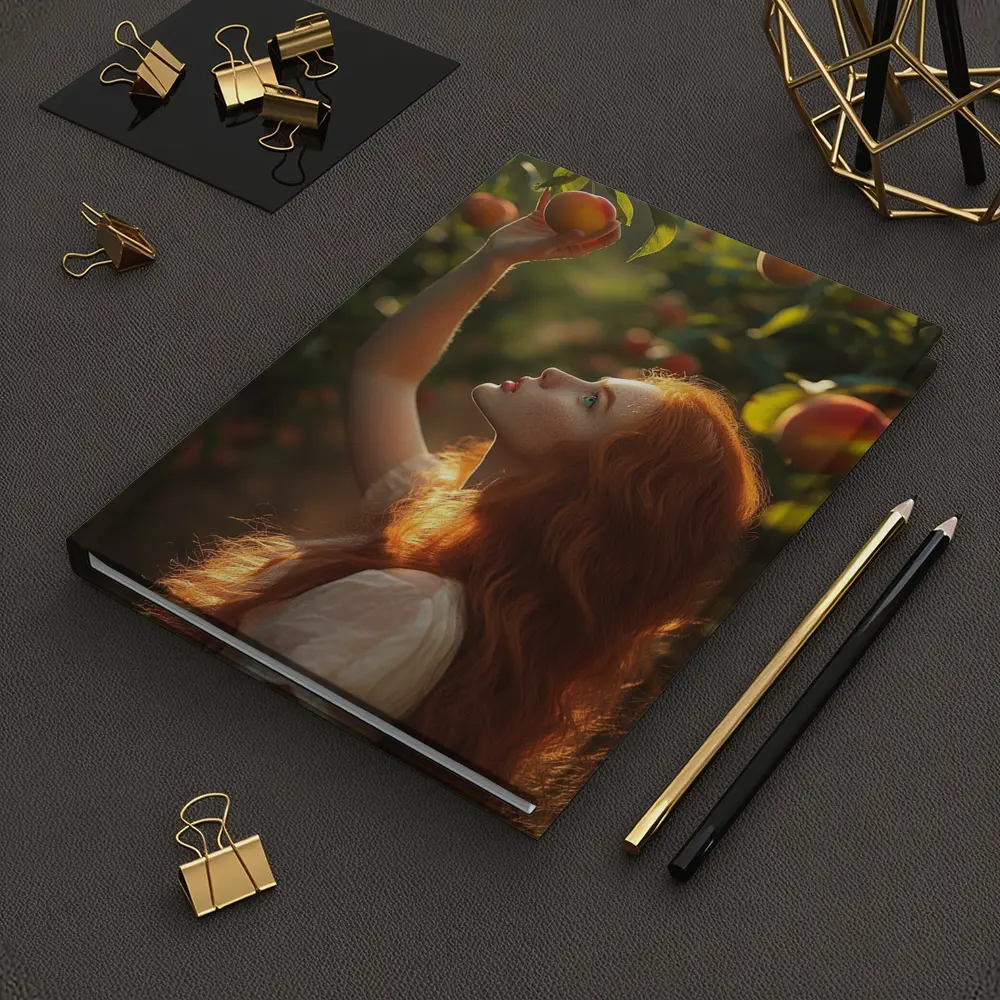 Red Hair Girl Picking Peaches Orchard – Notebooks