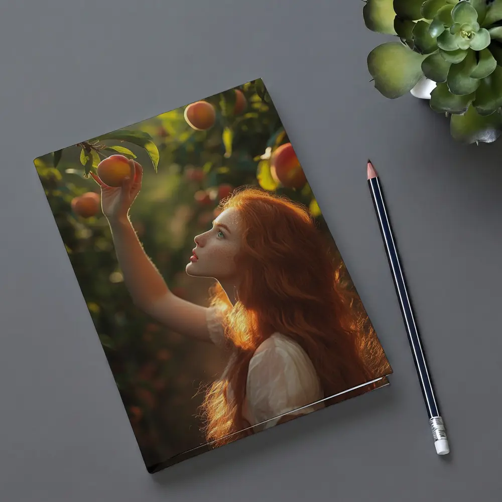 Red Hair Girl Picking Peaches Orchard – Notebooks