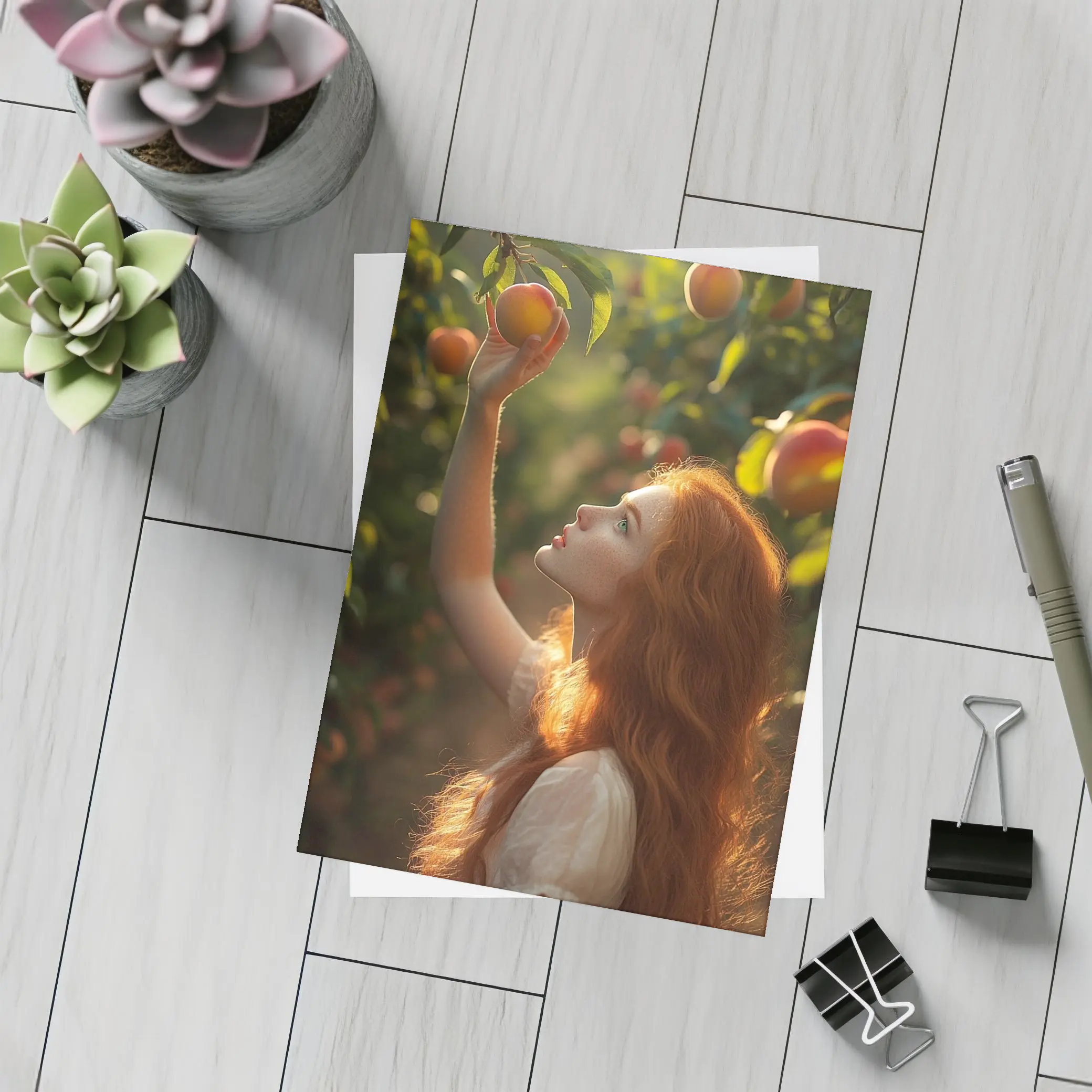 Red Hair Girl Picking Peaches Orchard – Postcards