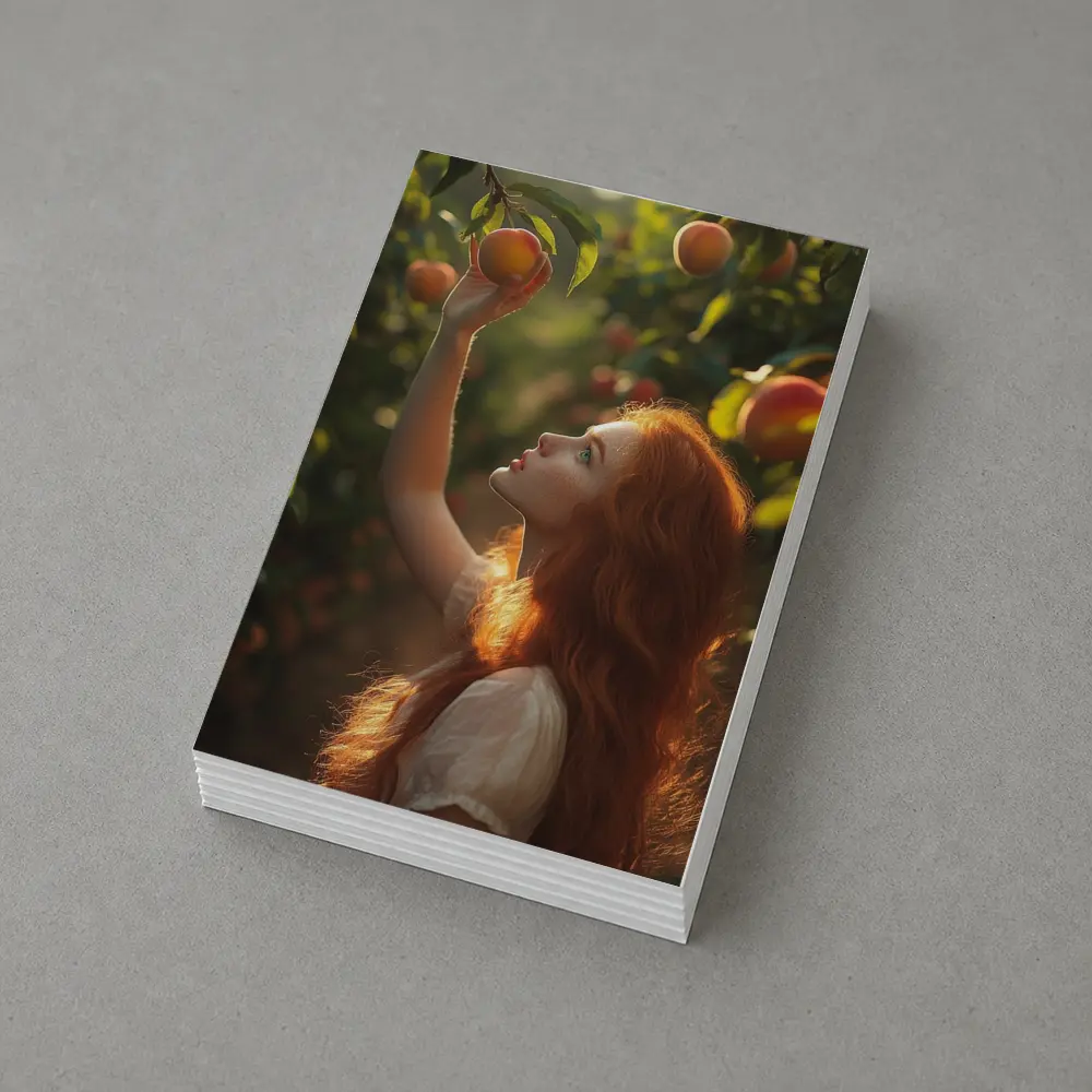 Red Hair Girl Picking Peaches Orchard – Postcards
