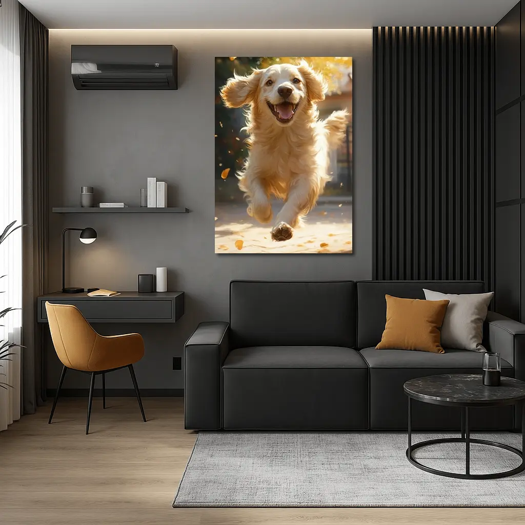 Golden Retriever Running Outdoors Autumn Leaves – Wall Art
