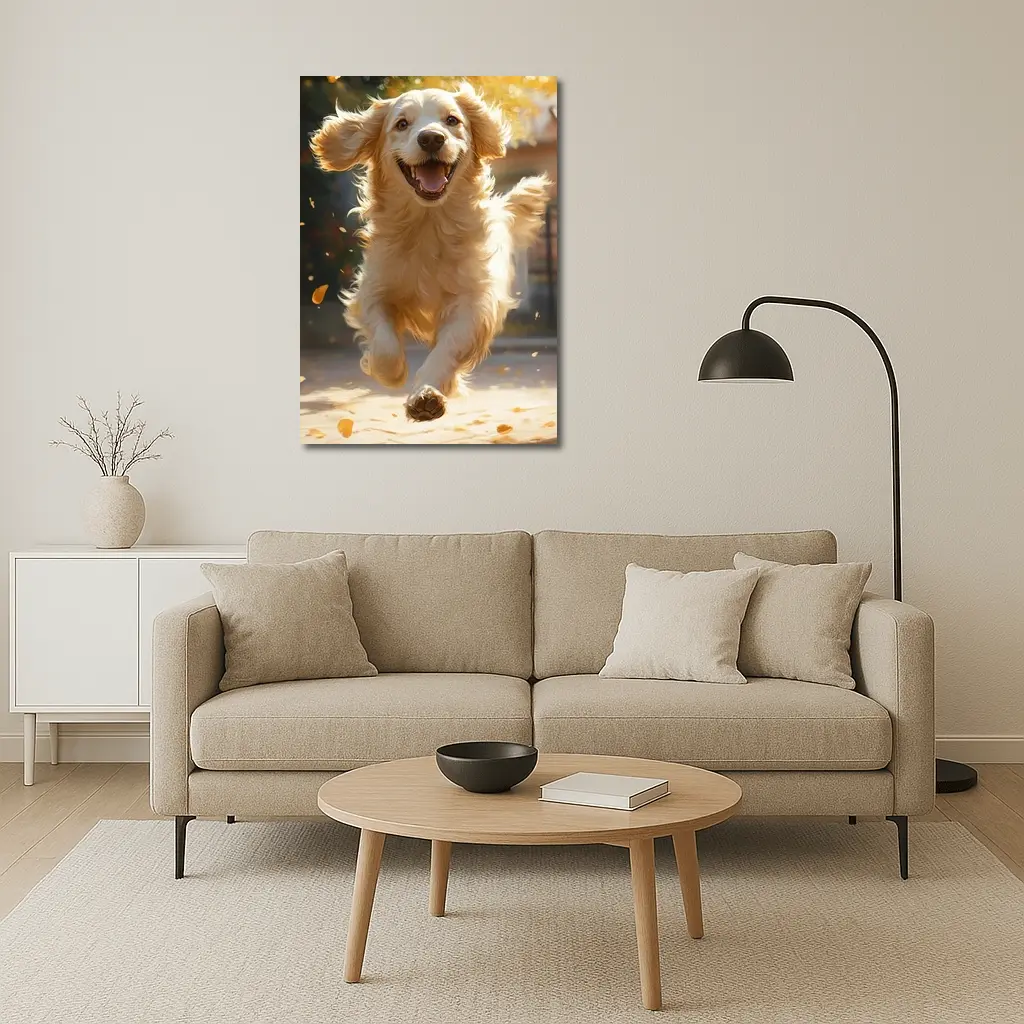 Golden Retriever Running Outdoors Autumn Leaves – Wall Art