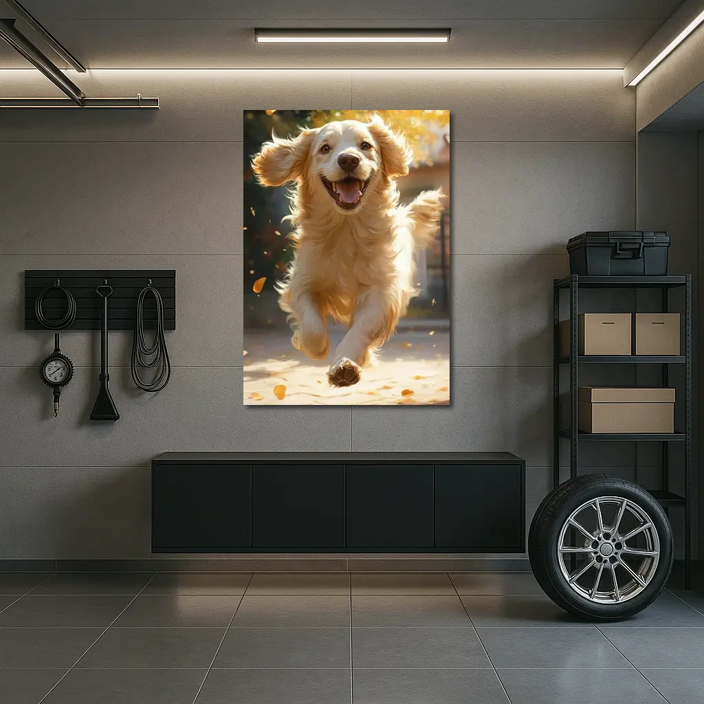 Golden Retriever Running Outdoors Autumn Leaves – Wall Art
