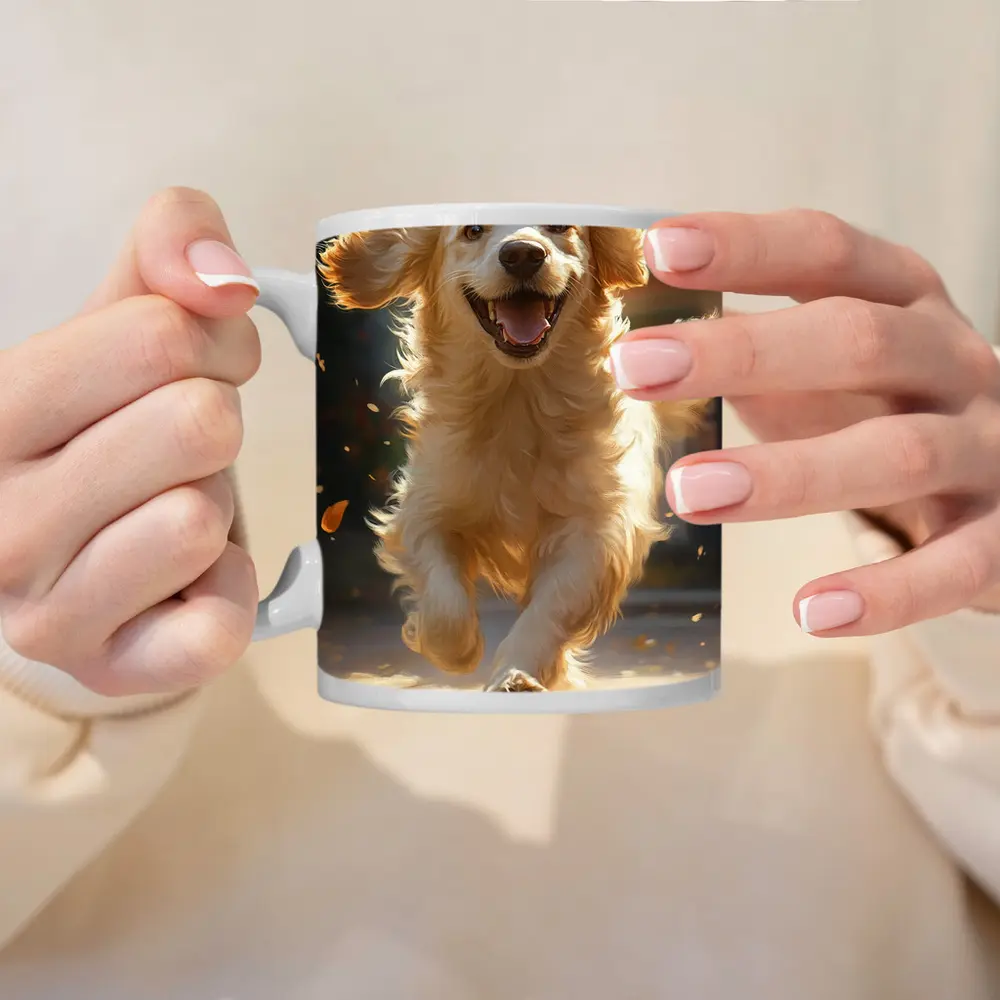 Golden Retriever Running Outdoors Autumn Leaves – Mugs